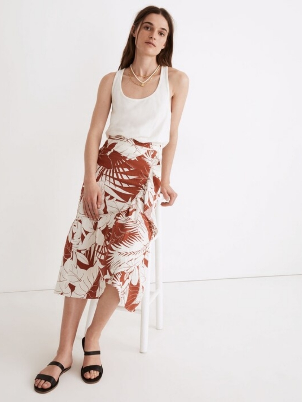 MADEWELL Linen-Blend Ruffle-Wrap Midi Skirt in Tropical Vacation
